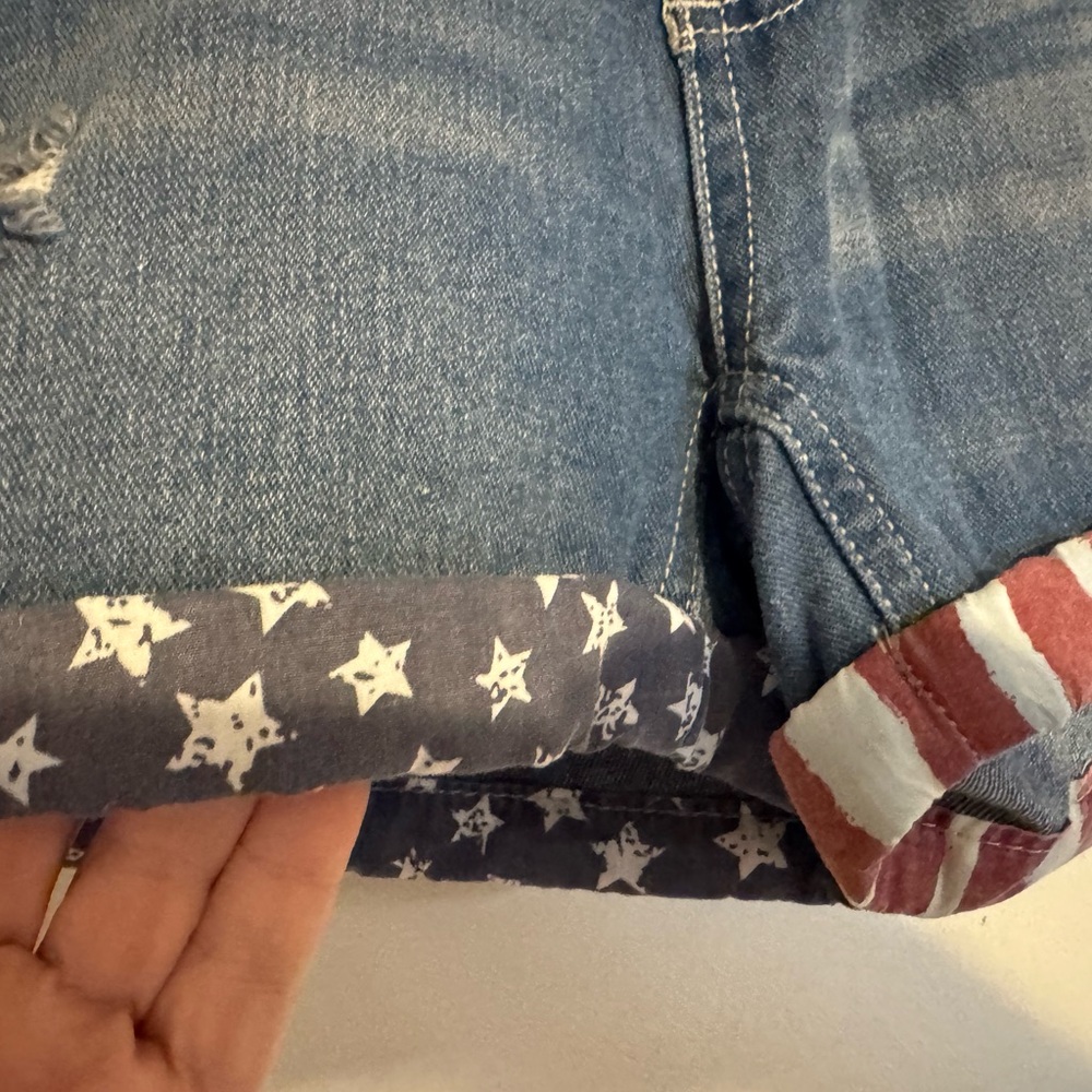 Lincoln Women's Blue Distressed Denim Shorts with Flag Cuff - Picture 2 of 5